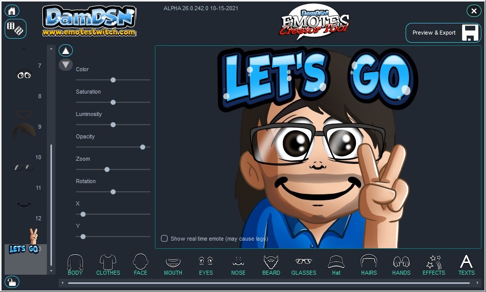Interface du logiciel Emotes Creator Tool